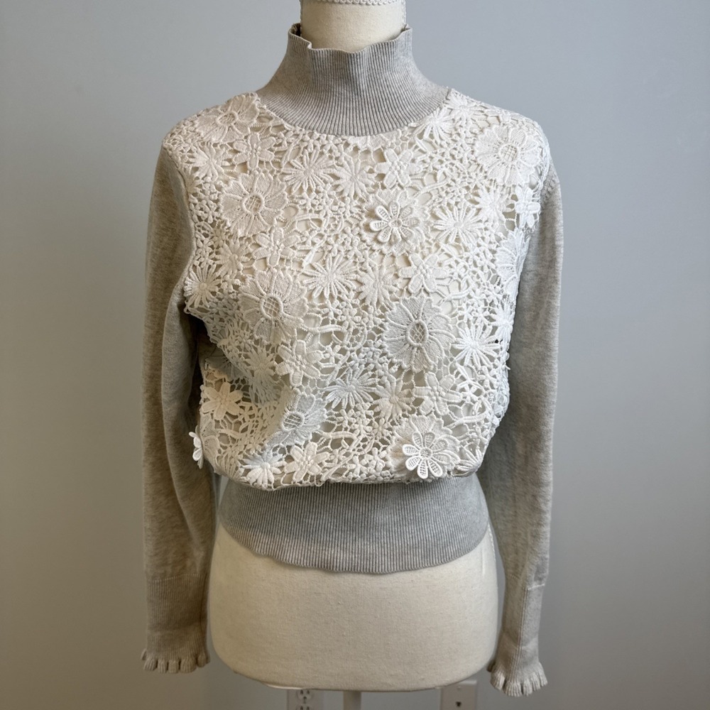 French Connection Floral Lace Sweater Womens S Gray Ivory Mock Neck Romantic - Picture 1 of 11